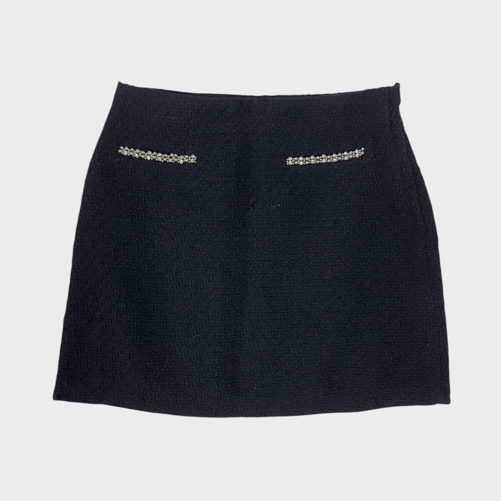H&M US Size 6 Black Rhinestones Boucle Side Zipper Short Mini Skirt